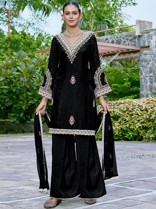Dhiyona SN Embroidered V-Neck Straight Kurta & Palazzos With Dupatta