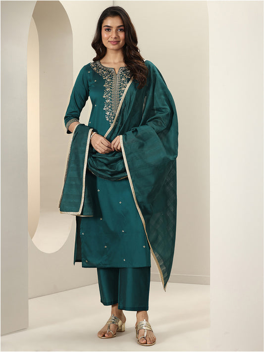 Women Floral Embroidered Regular Sequinned Kurta with Trousers & With Dupatta