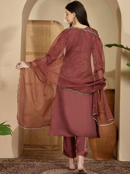 Embroidered V-Neck Kurta & Trousers With Dupatta
