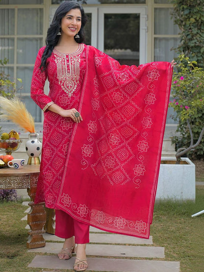 Dhiyona KL Women Bandhani Printed Regular Mirror Work Kurta with Trousers & With Dupatta