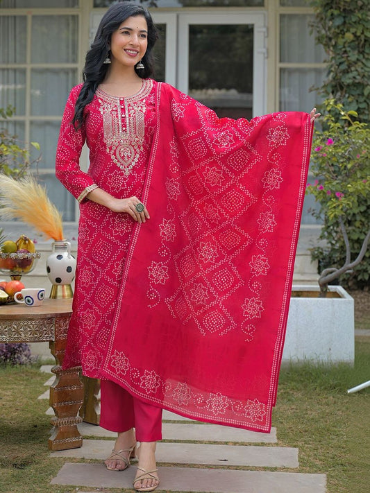 Dhiyona KL Women Bandhani Printed Regular Mirror Work Kurta with Trousers & With Dupatta