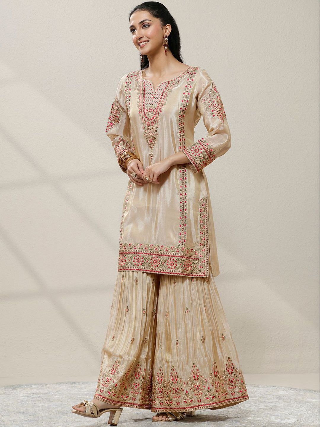 Dhiyona LL Women Ethnic Motifs Embroidered Regular Thread Work Kurta with Sharara & With Dupatta