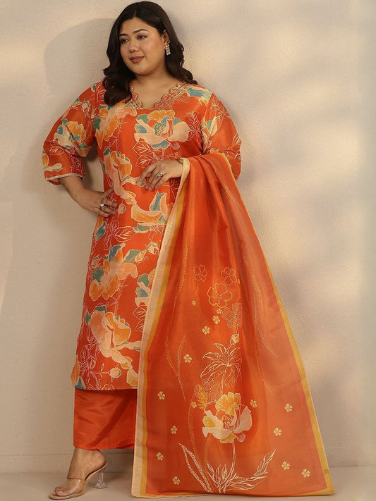 Dhiyona Women's Plus Size Floral Printed V-Neck Straight Kurta With Trousers & Dupatta