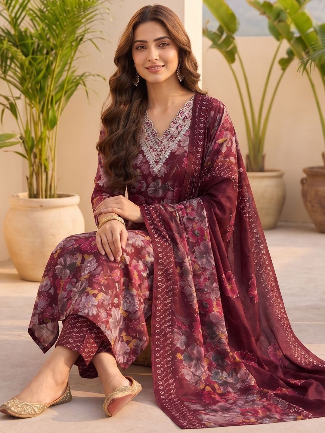 Red Women Floral Printed Regular Thread Work Kurta with Trousers & With Dupatta