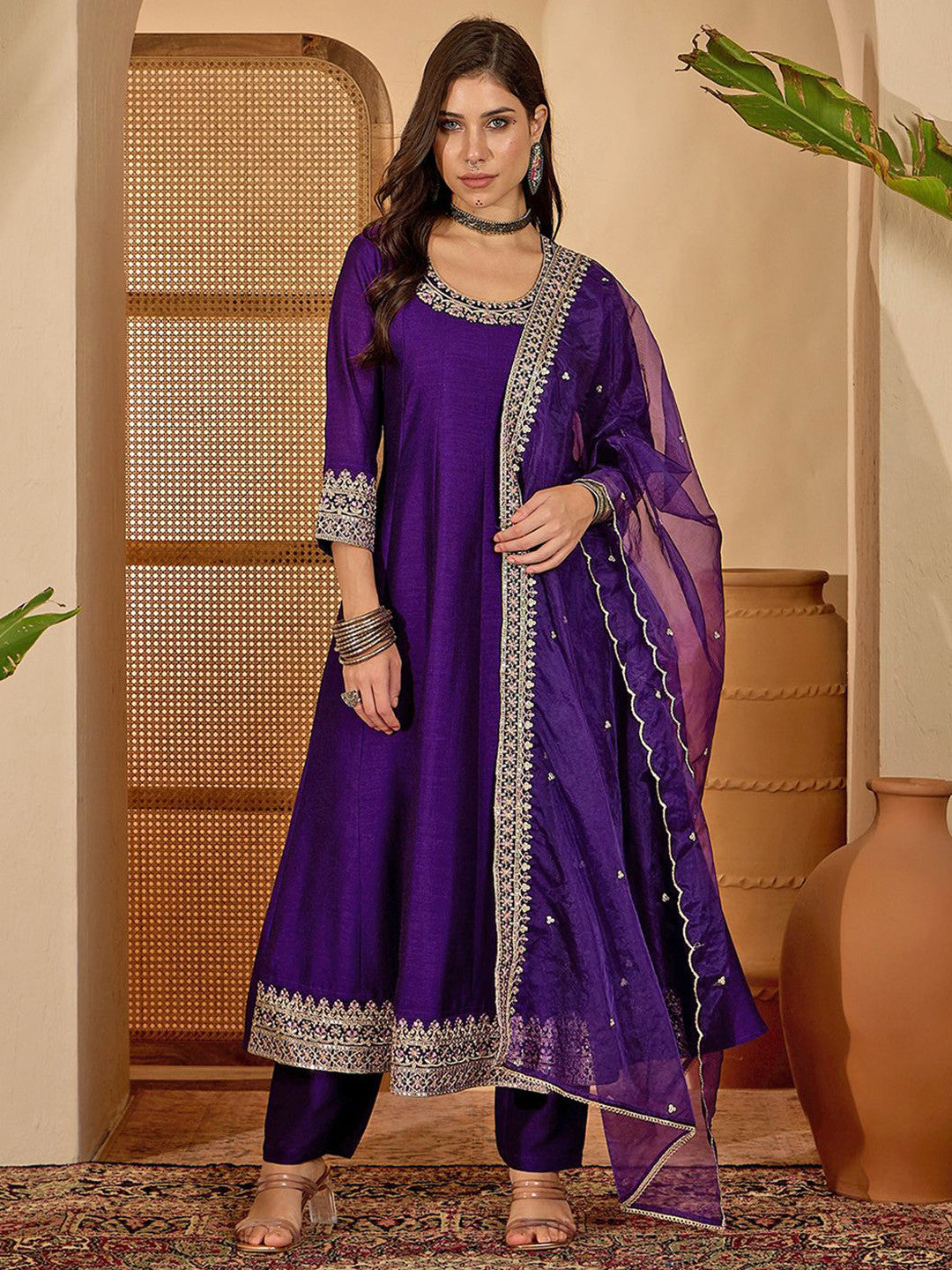 Dhiyona SN Women Zari Sequence Embroidered A-Line Kurta With Trouser & Dupatta