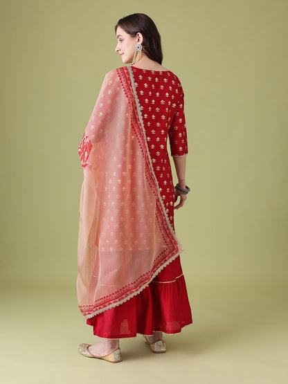 Dhiyona AN Floral Foil Printed Gotta Patti Detail Kurta with Sharara & Dupatta