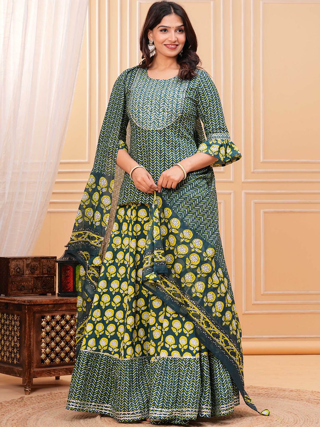 Dhiyona KL Women Ethnic Motifs Printed Cotton A-Line Kurti with Skirt & Dupatta