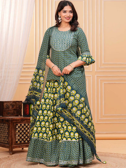 Dhiyona KL Women Ethnic Motifs Printed Cotton A-Line Kurti with Skirt & Dupatta