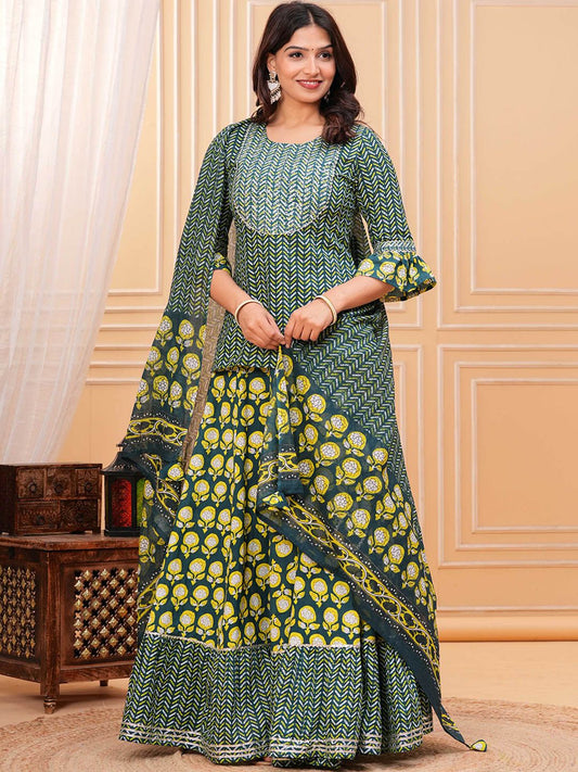 Dhiyona KL Women Ethnic Motifs Printed Cotton A-Line Kurti with Skirt & Dupatta