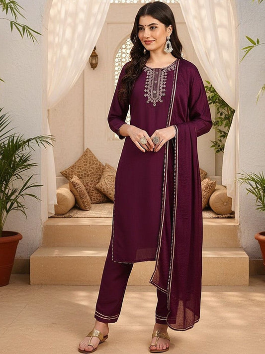 Dhiyona KL Ethnic Motifs Yoke Design Thread Work Straight Kurta With Trousers & Dupatta