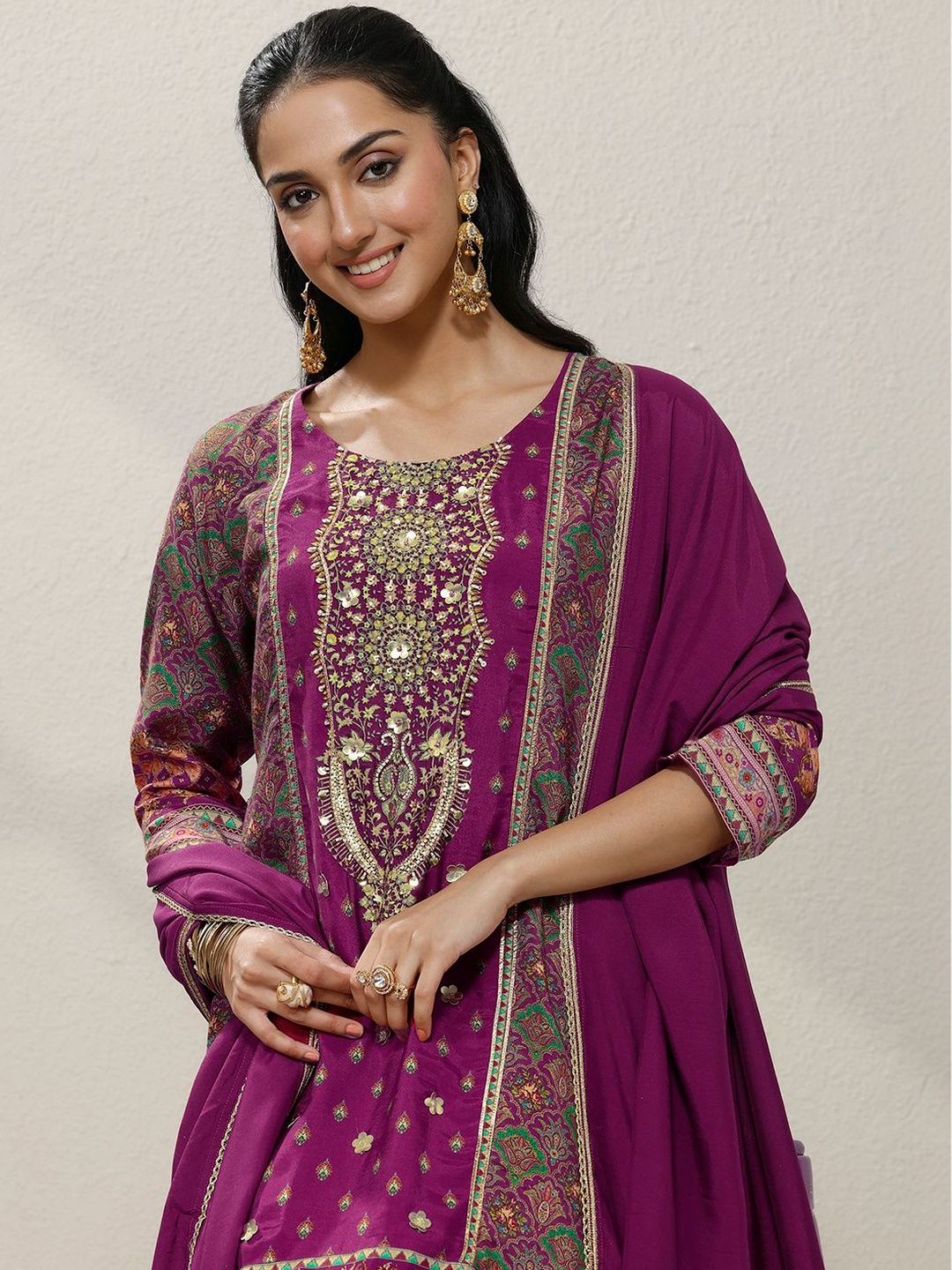 Dhiyona LL Women Ethnic Motifs Printed Regular Sequinned Kurta with Palazzos & With Dupatta