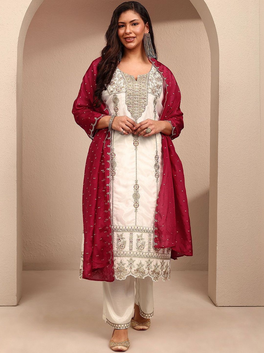 Dhiyona Women's Ethnic Motifs Embroidered Regular Thread Work Kurta with Palazzos & With Dupatta