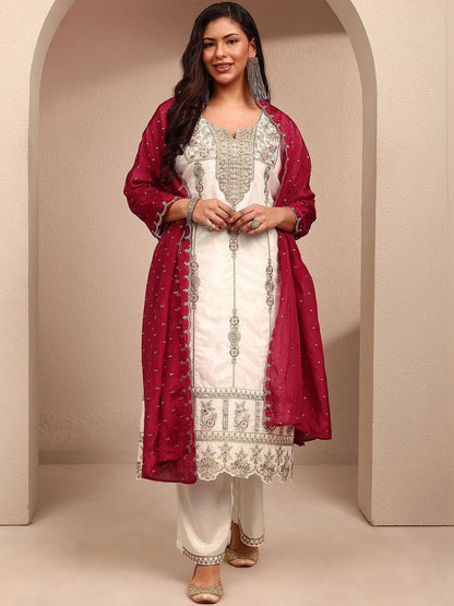 Dhiyona Women's Ethnic Motifs Embroidered Regular Thread Work Kurta with Palazzos & With Dupatta