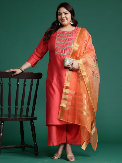 Women's Plus Size Pink Solid Straight Kurta Palazzos With Dupatta Set