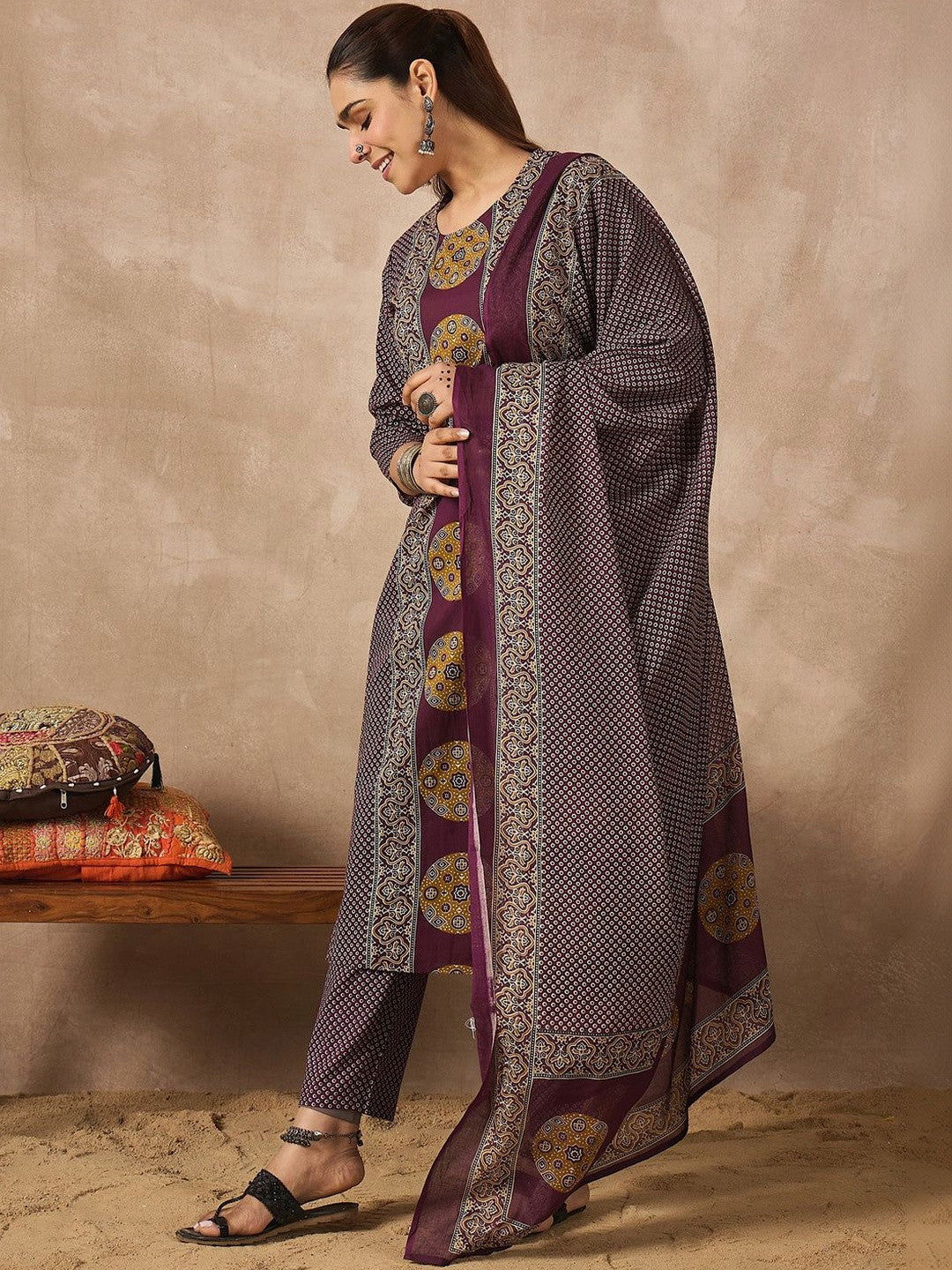 Women Ethnic Motifs Printed Regular Sequinned Pure Cotton Kurta with Trousers & With Dupatta