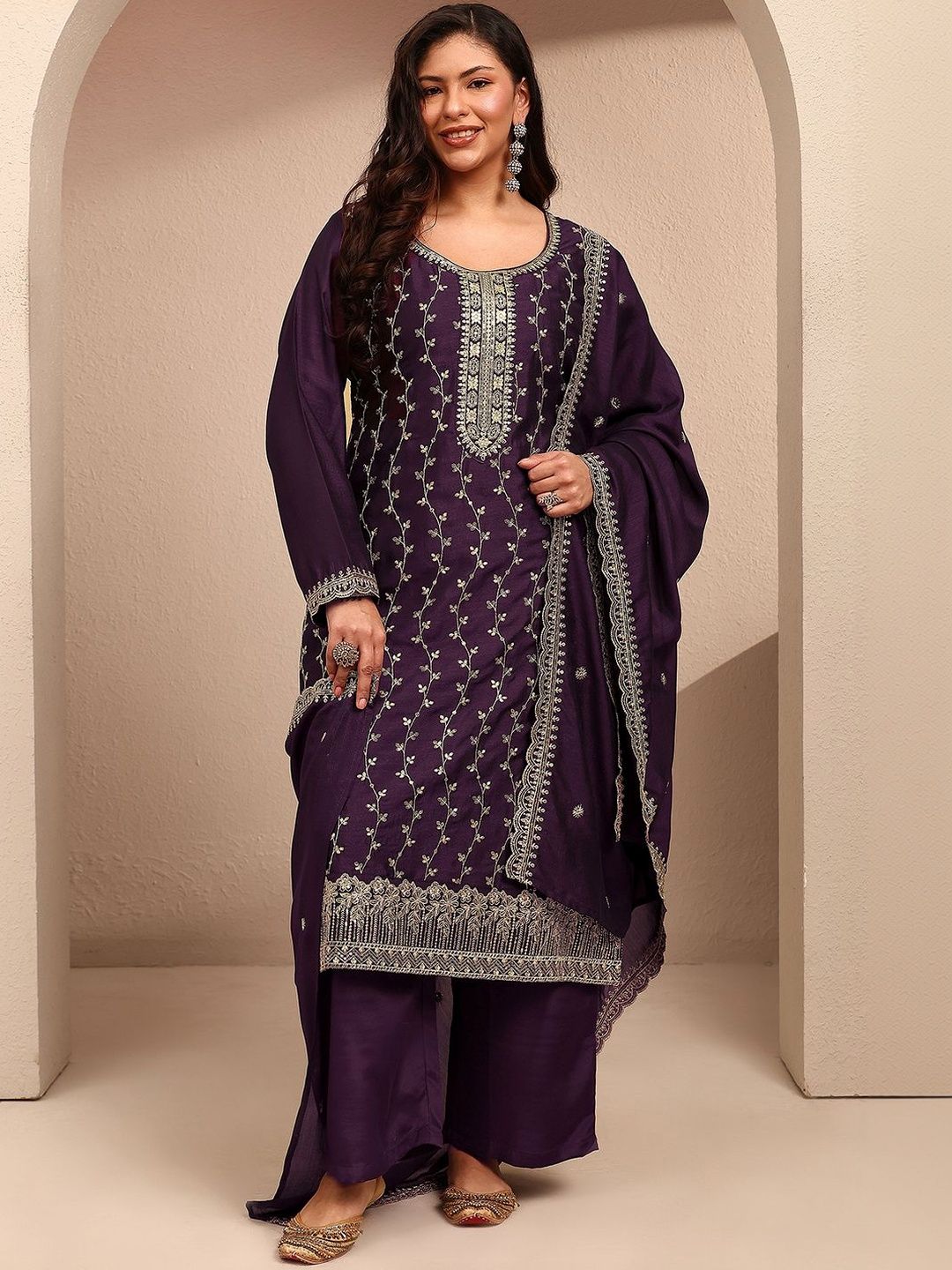 Dhiyona Women's Ethnic Motifs Embroidered Regular Thread Work Kurta with Palazzos & With Dupatta