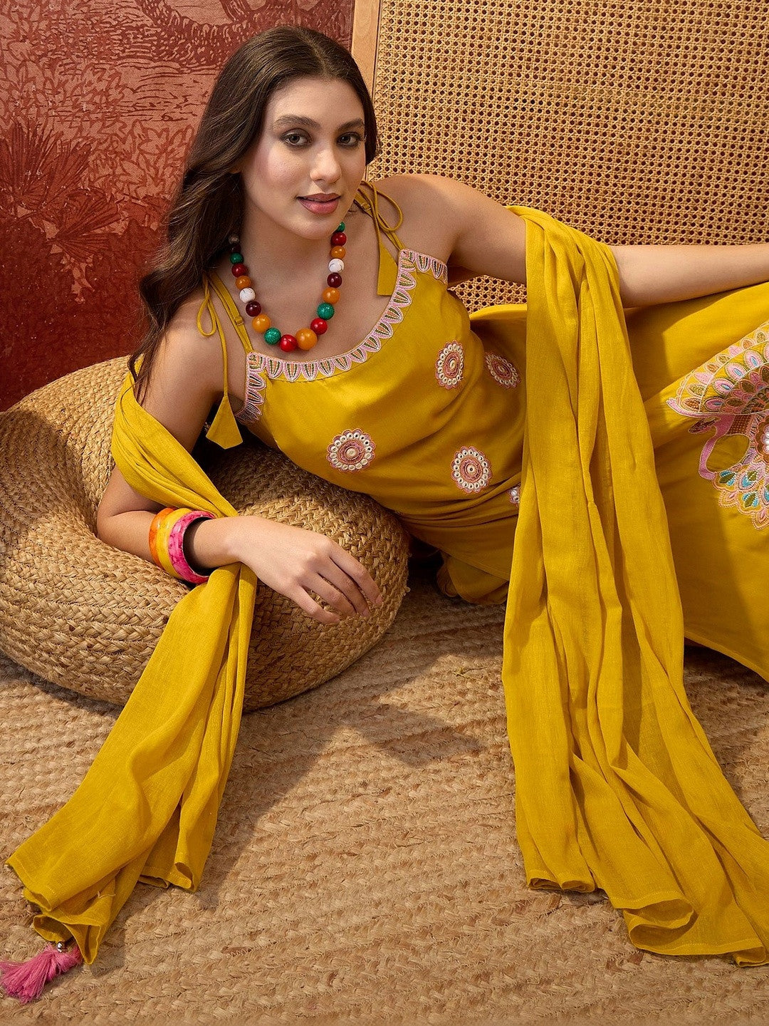 Women Ethnic Motifs Embroidered Regular Thread Work Pure Cotton Kurta with Palazzos & With Dupatta