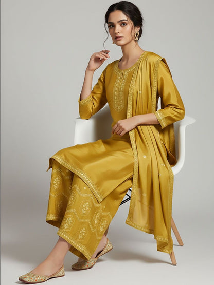 Dhiyona VA Women Ethnic Motifs Embroidered Regular Thread Work Silk Crepe Kurta with Palazzos & With Dupatta