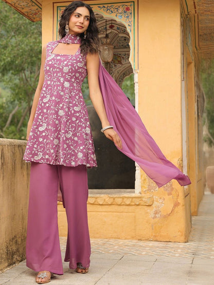 Dhiyona KL Women Ethnic Motifs Embroidered Regular Thread Work Kurti with Sharara & With Dupatta