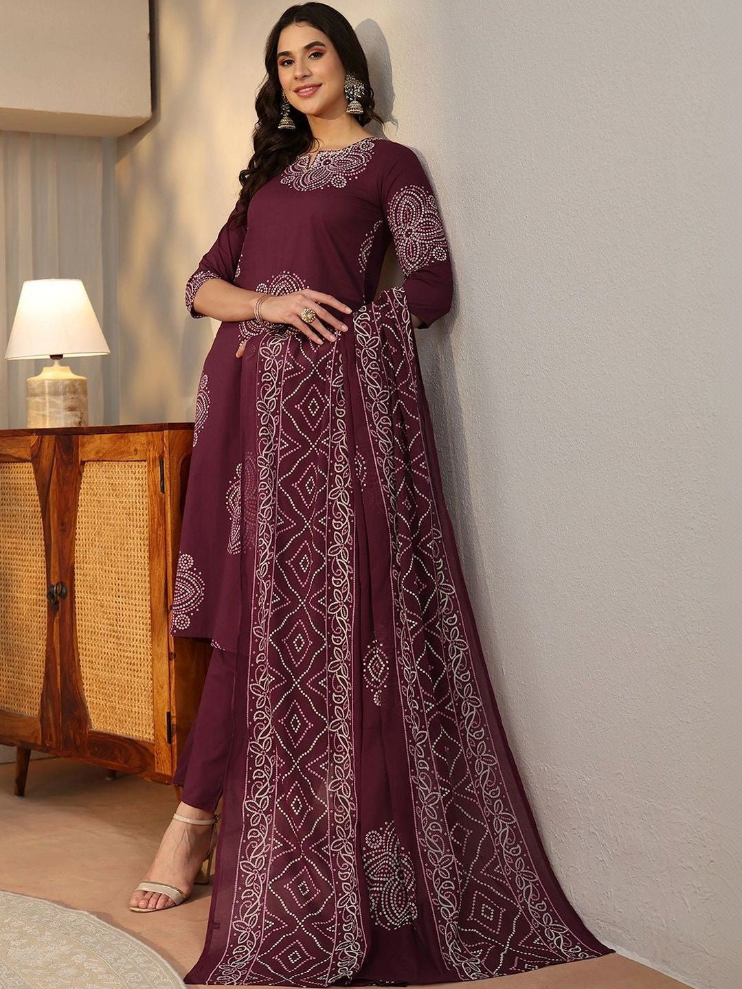 Burgundy Bandhani Printed Cotton Straight Suit Set