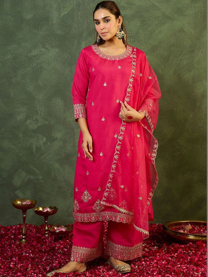 Dhiyona IE Women Ethnic Motifs Embroidered Regular Thread Work Kurta with Palazzos & With Dupatta