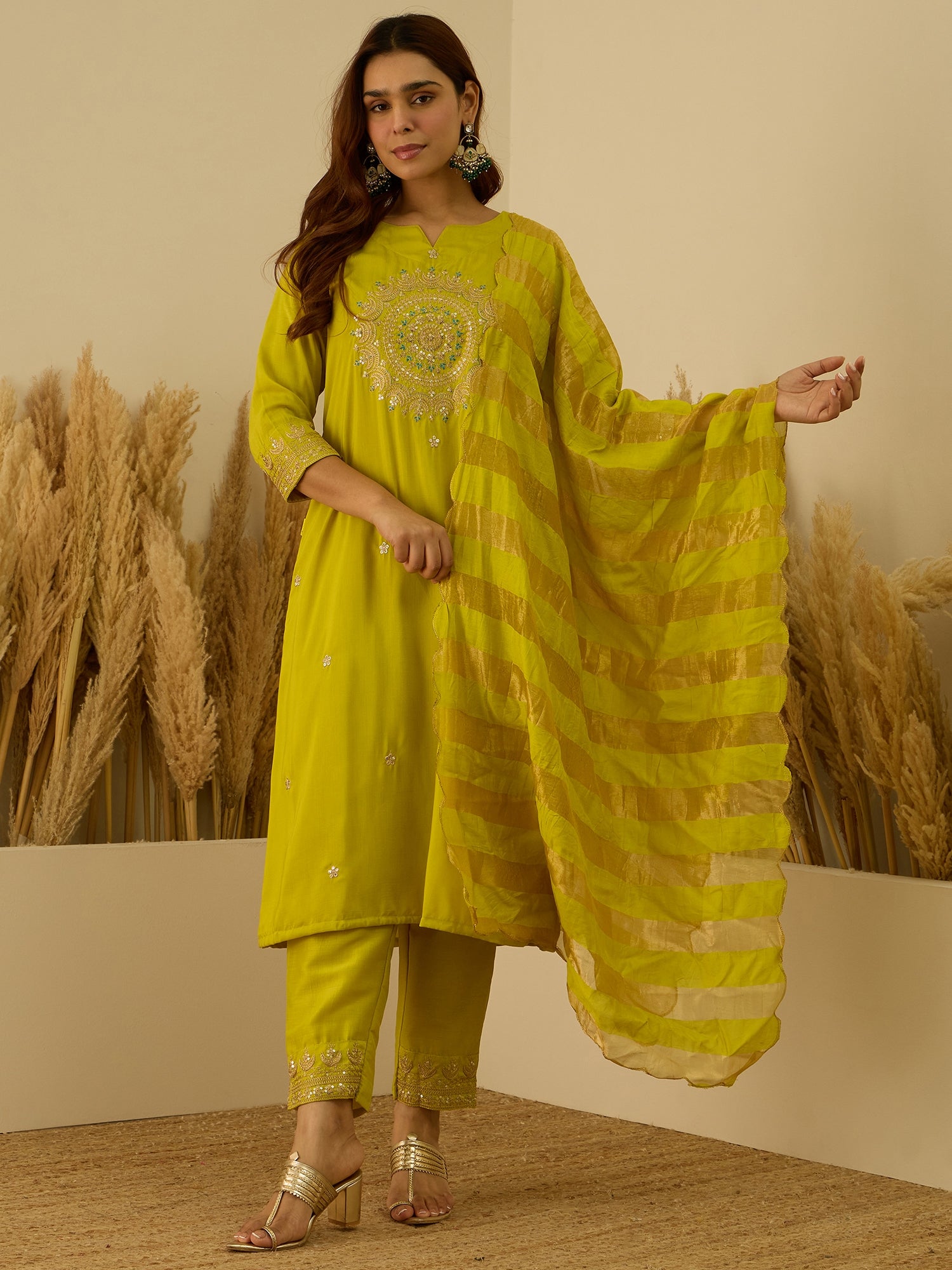 Dhiyona VV Myraa Lemon Women Kurta and Pant Dupatta Sets Chanderi Silk Fabrics with Embroidery