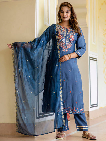 Dhiyona VV Women's Embroidered Silk Blend Calf Length Straight Kurta Trouser with Dupatta Set