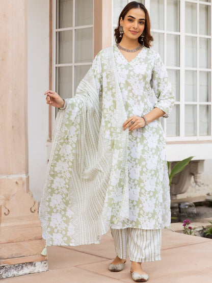Printed Pure Cotton Straight Kurta With Trousers & Dupatta