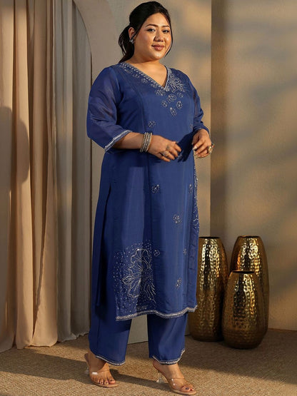Dhiyona Women's Plus Size Ethnic Motifs Embroidered Kurta with Trouser & Dupatta