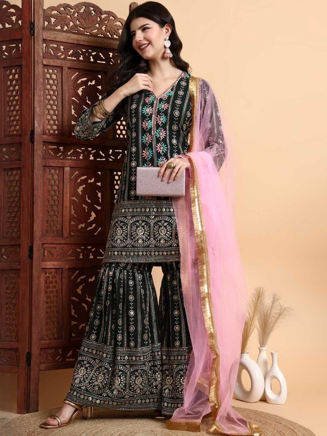 Dhiyona HOP Embroidered V Neck Kurta & Sharara With Dupatta