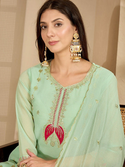 Embroidered V-Neck Kurta & Trousers With Dupatta