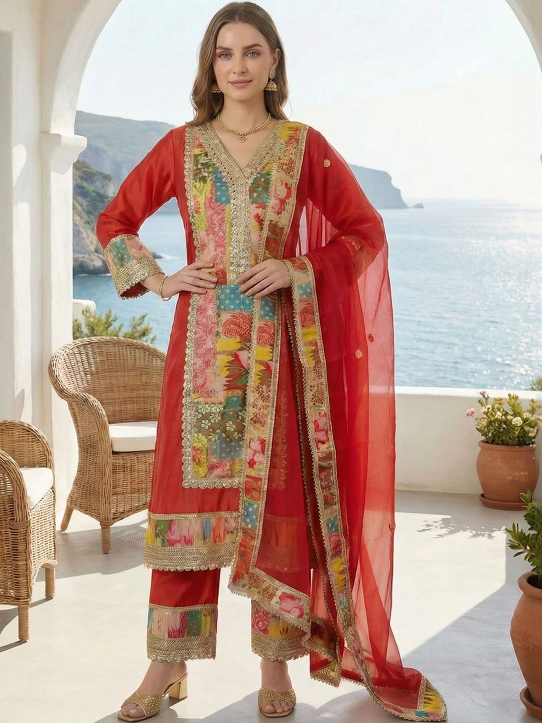 Dhiyona IE Women Floral Printed Regular Gotta Patti Kurta with Palazzos & With Dupatta