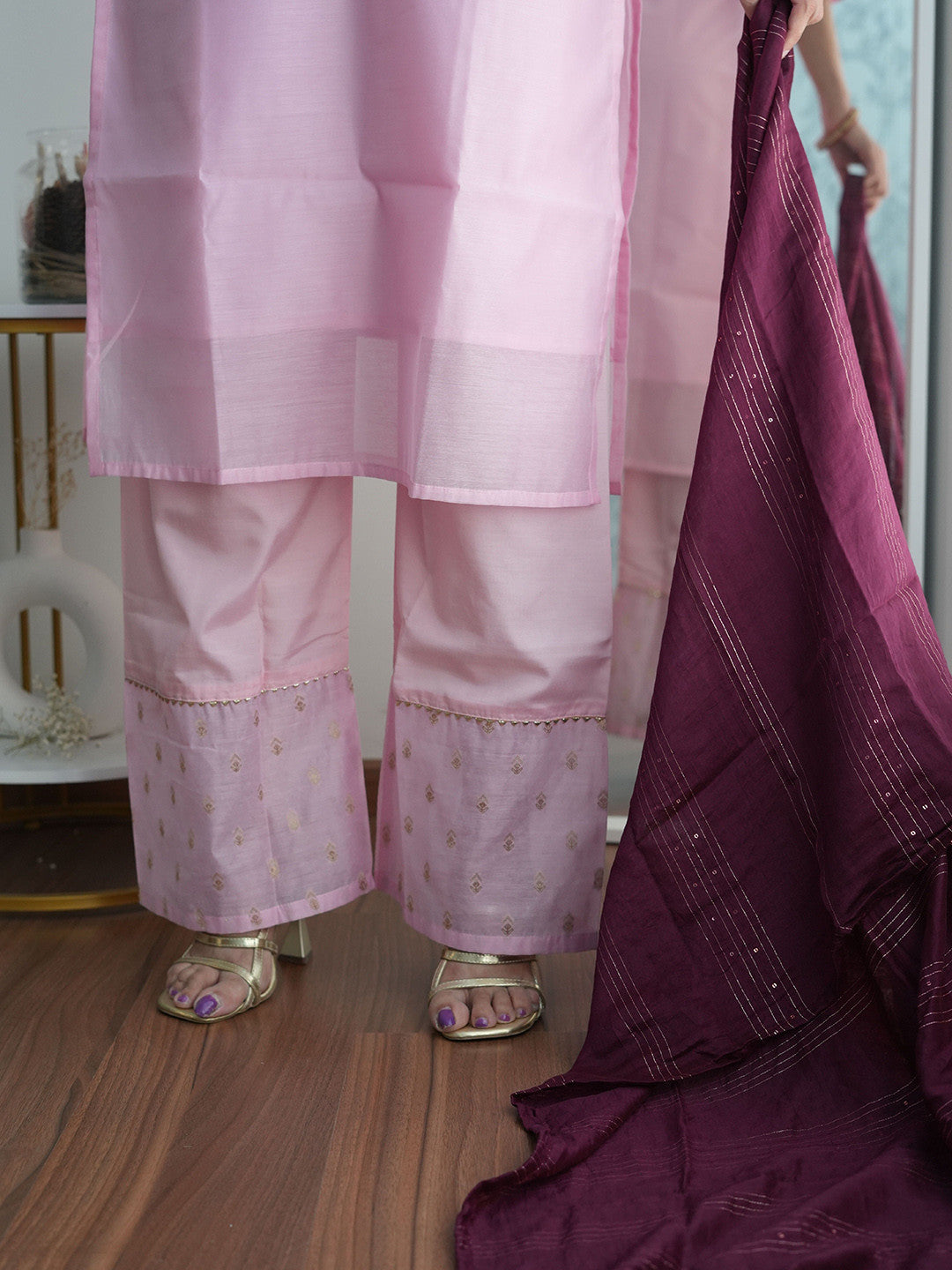 Floral Embroidered Sequinned Chanderi Silk Straight Kurta & Palazzo With Dupatta
