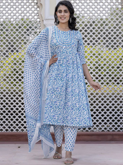 Dhiyona KL Floral Printed Mirror Work Anarkali Pure Cotton Kurta With Trousers & Dupatta