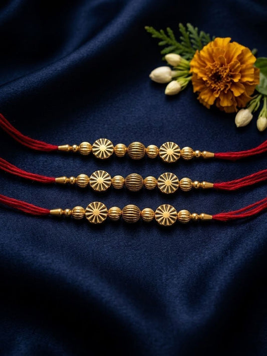 Anouk Set Of 3 Red & Gold Toned Artificial Stones & Beads Thread Rakhi With Roli Chawal
