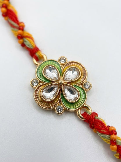 Dhiyona Traditional Artificial Stones Thread Rakhi With Roli Chawal Chandan Mishri