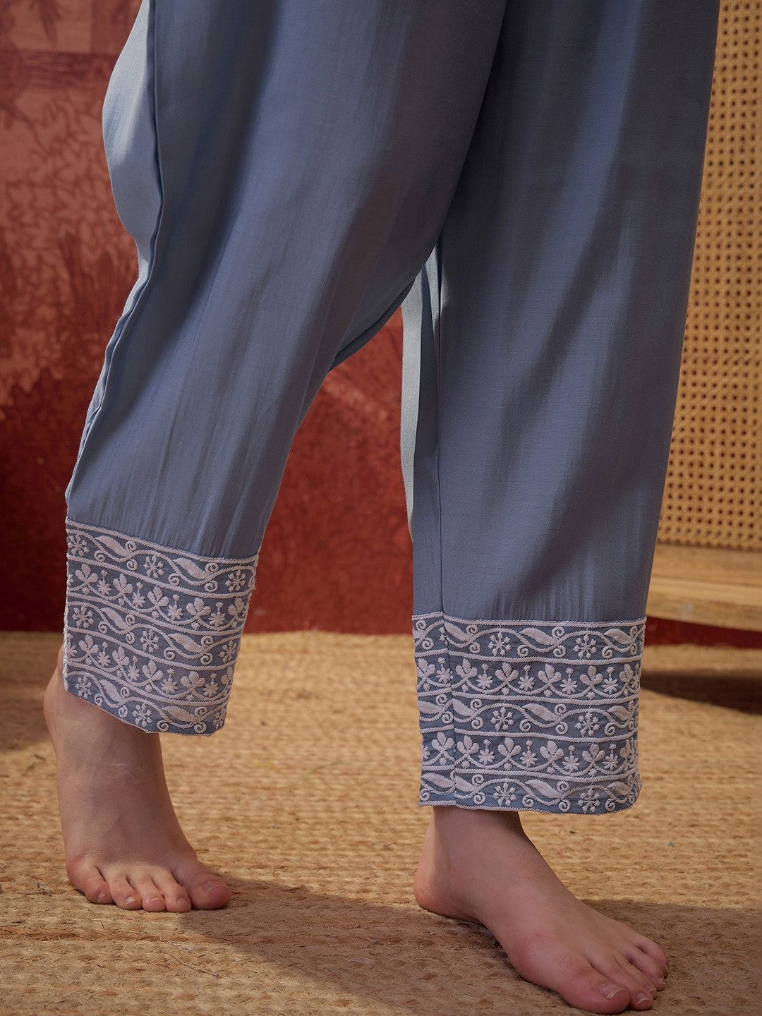 Embroidered V-Neck Kurta Trousers & Dupatta
