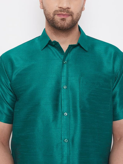 Men's Green Silk Blend Straight Ethnic Shirt