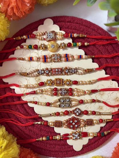 Dhiyona Set Of 10 Artificial Stones & Beads Thread Rakhi With Roli Chawal Chandan Mishri