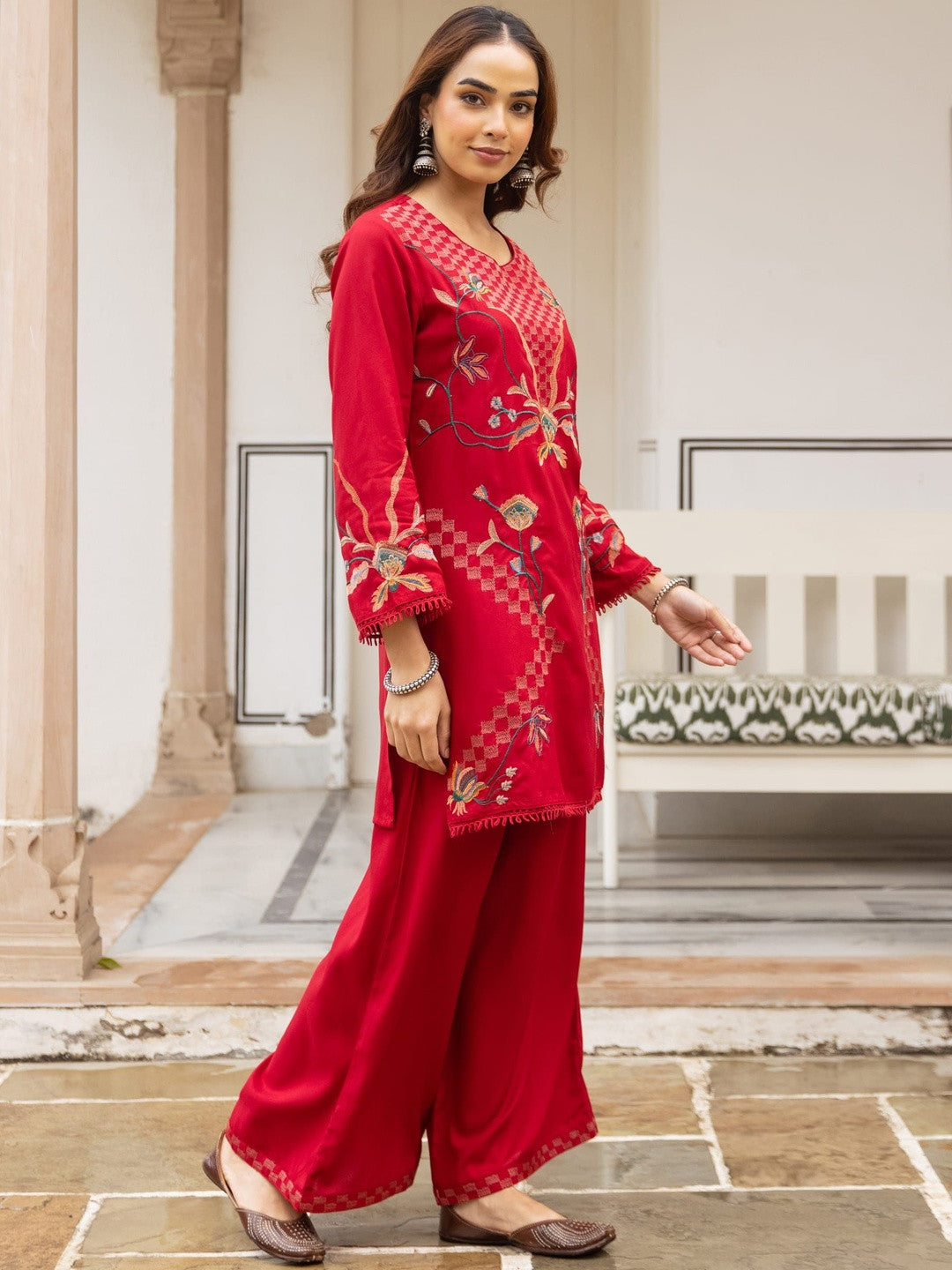 Embroidered Round Neck Kurti & Palazzos