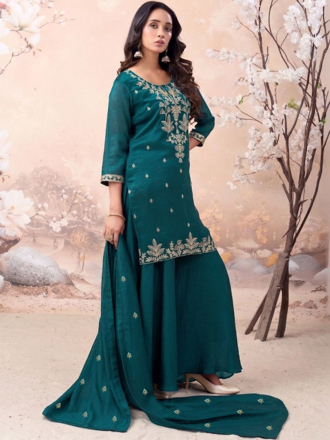 Embroidered Silk Blend Round Neck Kurta & Sharara With Dupatta