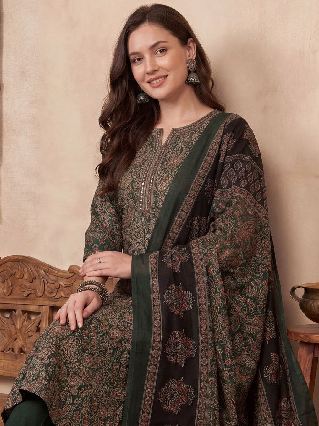 Women Ethnic Motifs Printed Regular Thread Work Pure Cotton Kurta with Trousers & With Dupatta