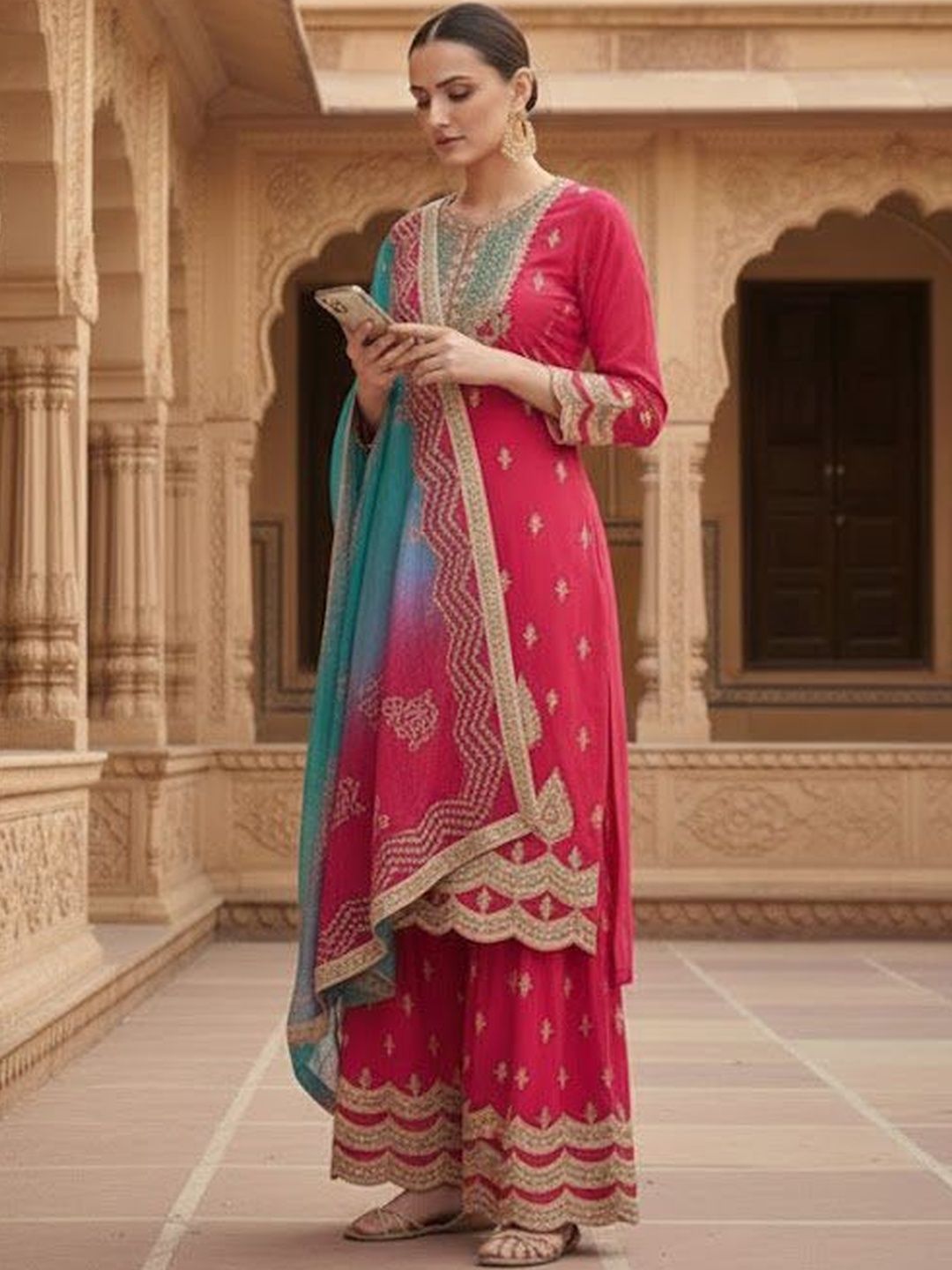 Dhiyona HOP Embroidered Round Neck Kurta & Sharara With Dupatta