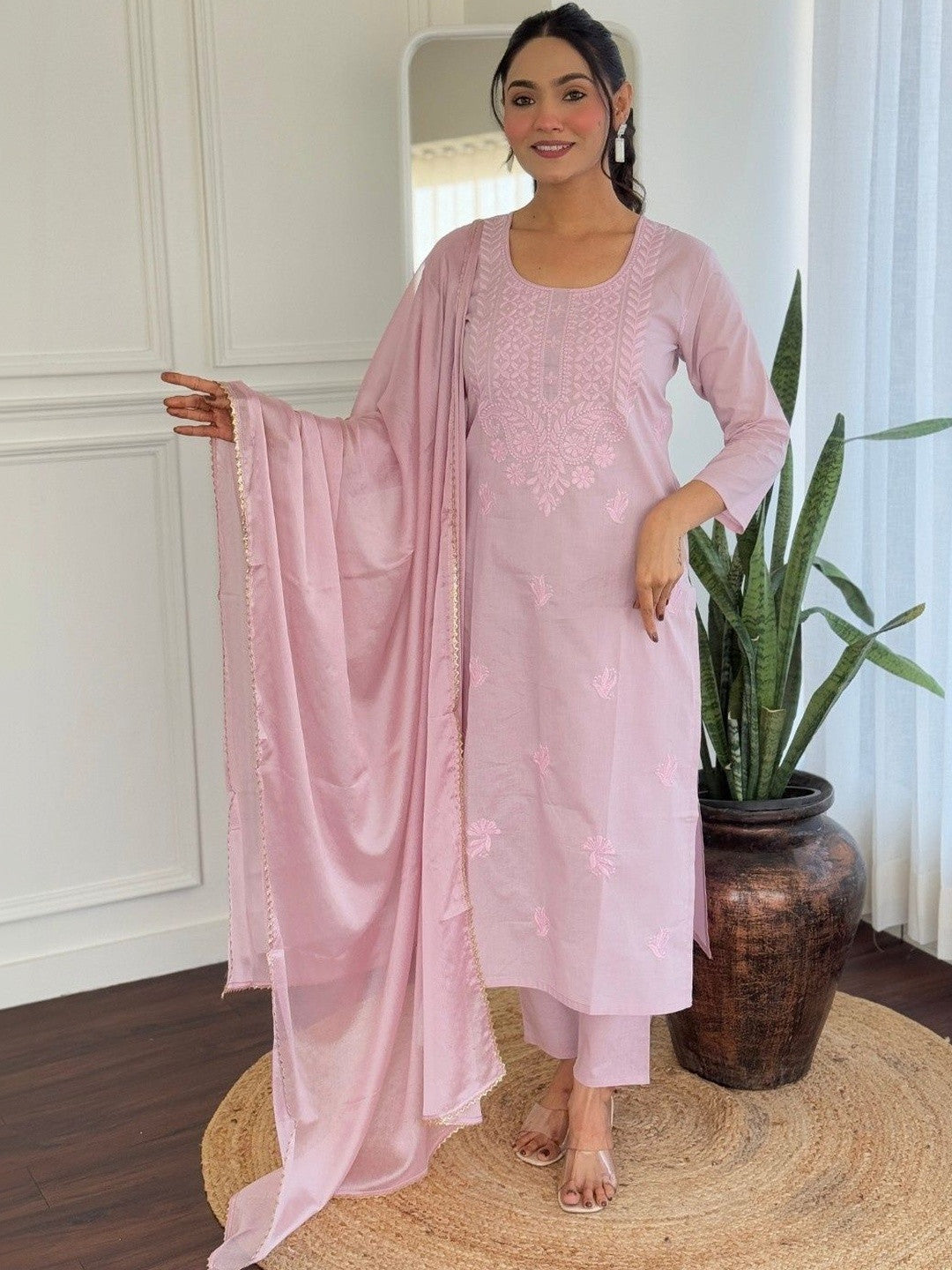 Embroidered Pure Cotton Round Neck Kurta & Trousers With Dupatta