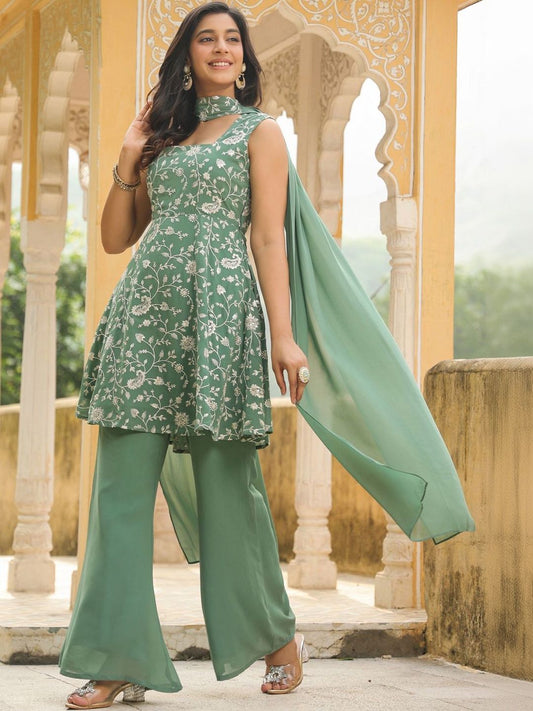 Dhiyona KL Women Floral Embroidered Regular Thread Work Kurta with Palazzos & With Dupatta