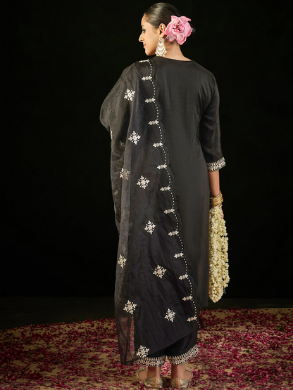 Women's Black Embroidered Straight Kurta Trousers With Dupatta set