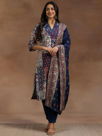 Women's LB Blue Printed Silk Blend Straight Suit With Dupatta