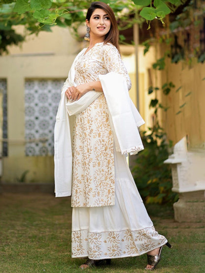 Dhiyona KL Women Floral Printed Regular Pure Cotton Kurta with Sharara & With Dupatta