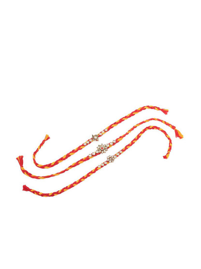 Dhiyona Set Of 3 Kundan Studded Floral Thread Rakhis With Roli Chawal Chandan & Mishri