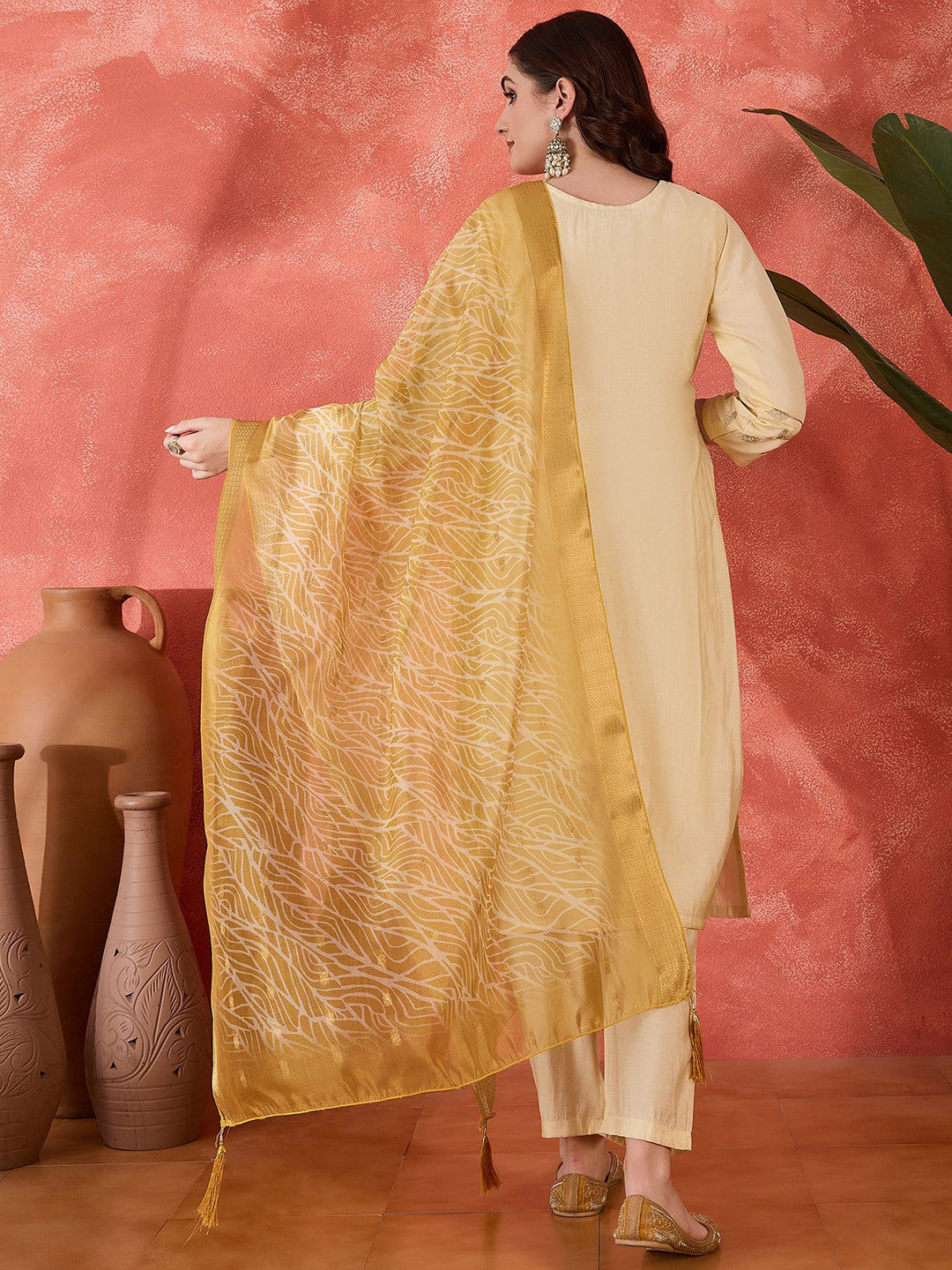 Embroidered Straight Kurta With Trouser & Dupatta Set
